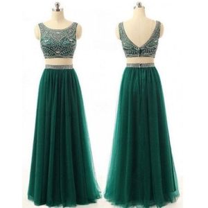 Dark Green Long Beaded Prom Dress